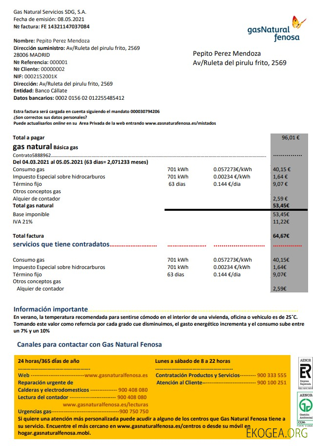 Spain gasNatural fenosa utility bill template in Word and PDF format